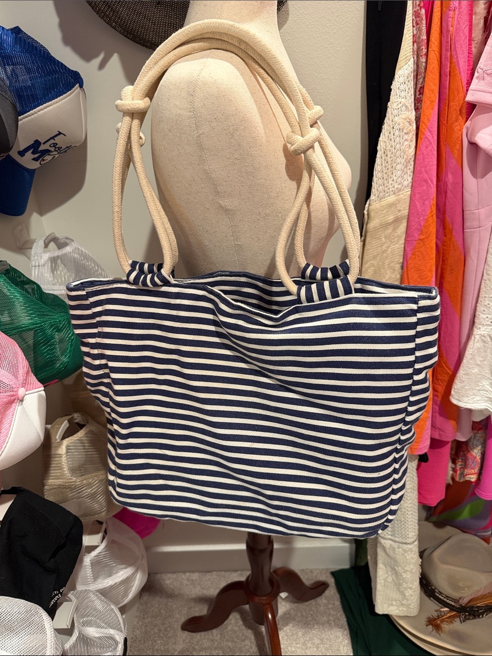Nautical Stripe Canvas Tote Bag with Rope Handles - Navy & White